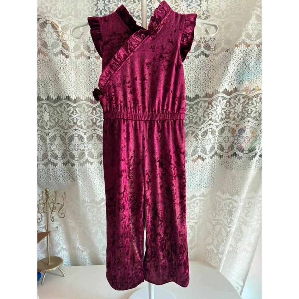 Genuine Kids OshKosh Magenta Shimmer Crushed Velvet Ruffle Jumpsuit 5T
